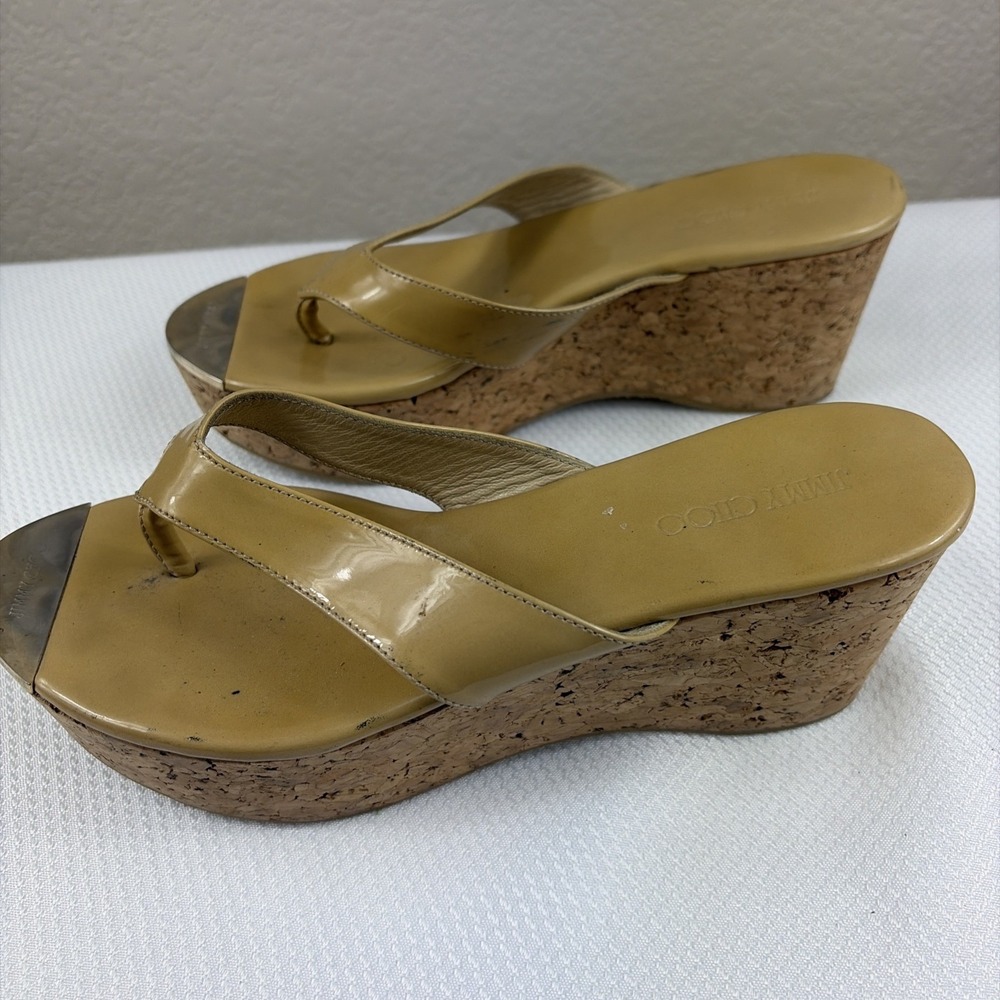 Jimmy Choo Pathos patent leather thong slip-on cork wedge sandals woman 37.5 - Picture 5 of 9